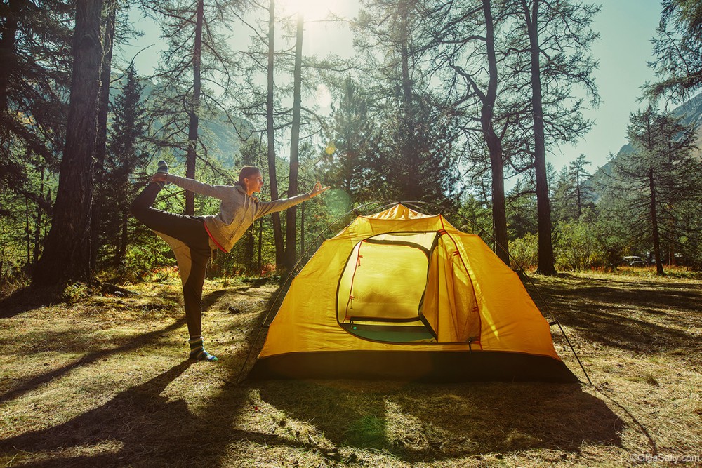 Altai Mountains. Morning yoga on Karagemskaya polyana