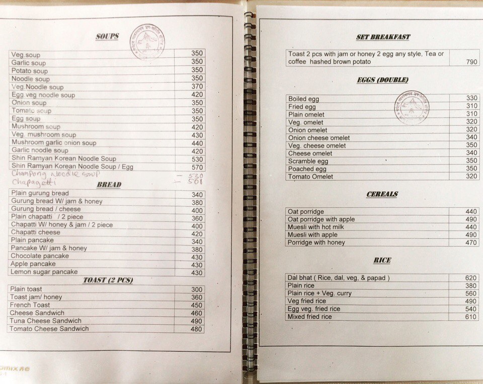 Menu and Prices in Nepali Trekking