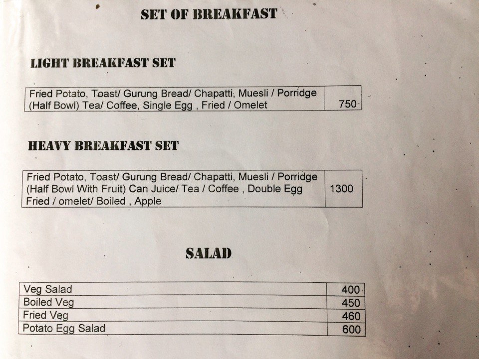 Menu and Prices in Nepali Trekking