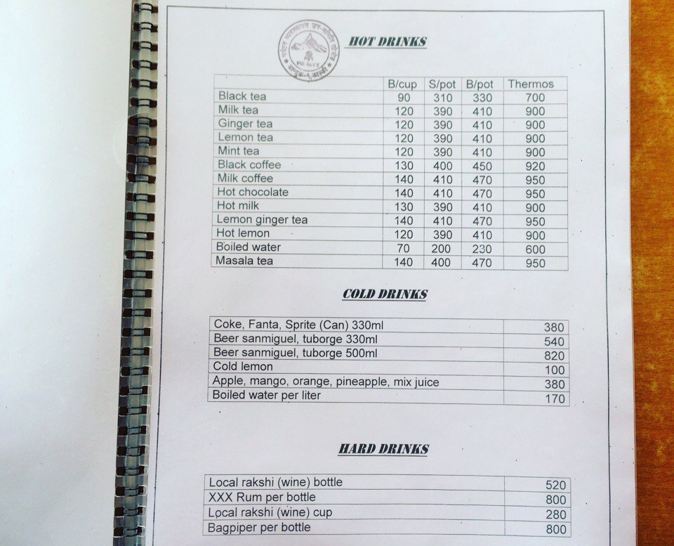 Menu and Prices in Nepali Trekking