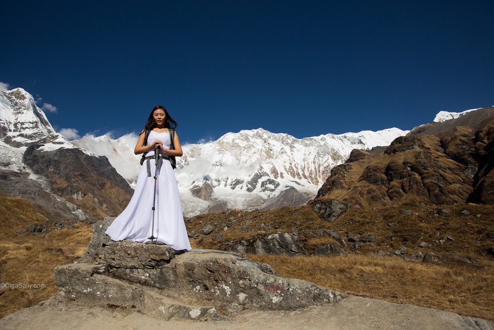 Bride in wedding dress in Nepal Mountains